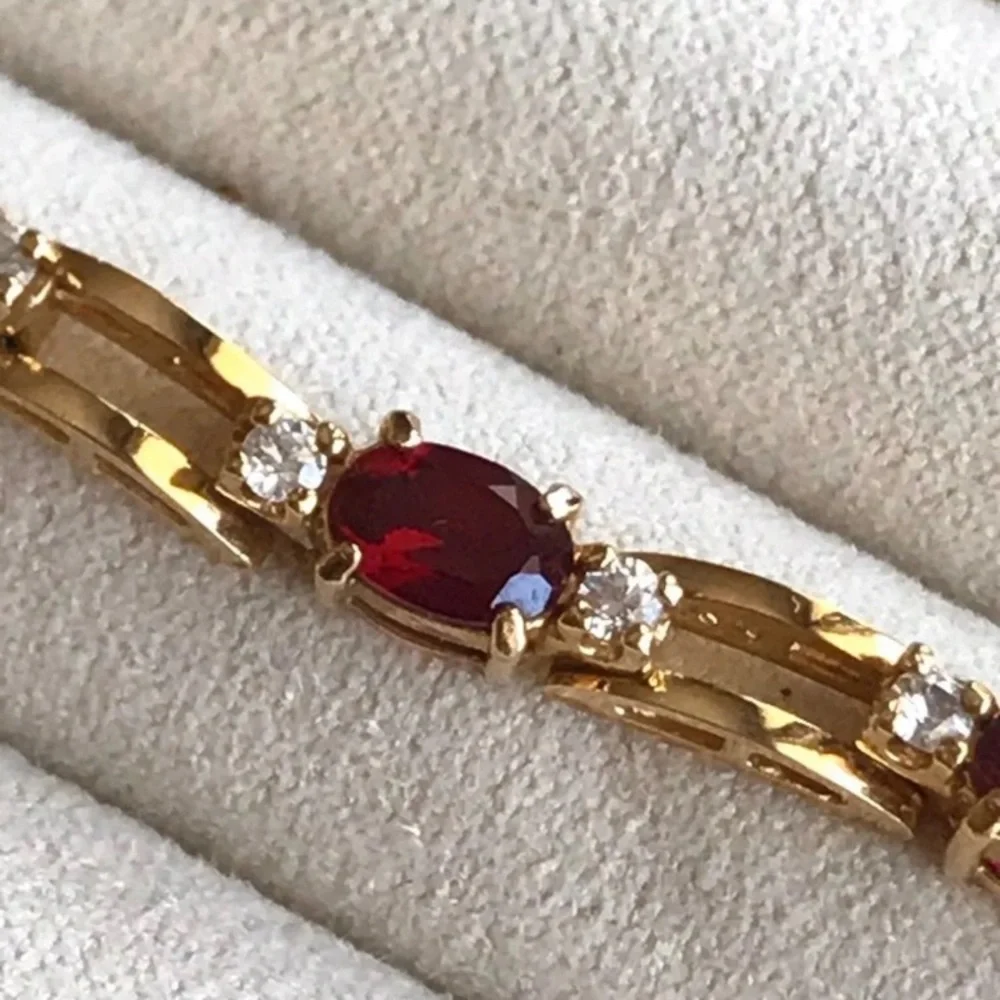 Gold over sterling 925 genuine diamond and garnet tennis bracelet. Like new. - Picture 4 of 13